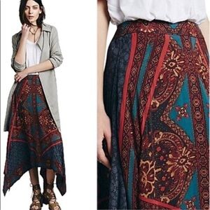 Free People handkerchief hem pull on midi skirt, flowy Rayon, bohemian print, M